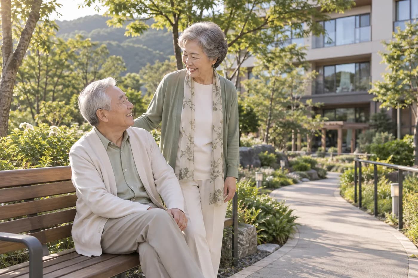 정원에서 함께 시간을 보내는 어르신 부부 · AI 제작 이미지