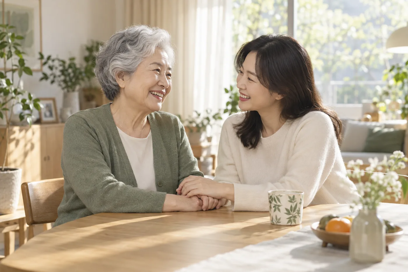 밝은 집에서 손을 맞잡고 미소 짓는 어머니와 딸 · AI 제작 이미지